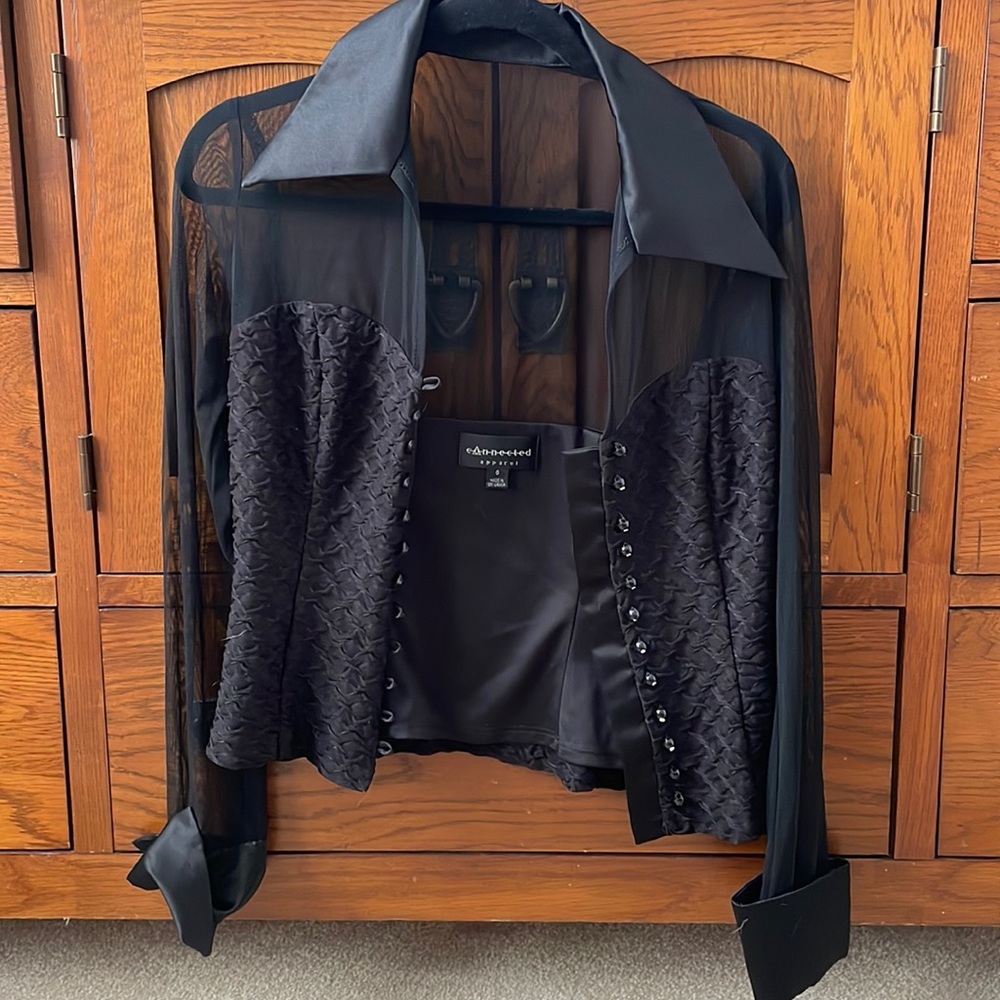 Black collared long sleeve blouse, semi formal, sheer +beautiful texture.